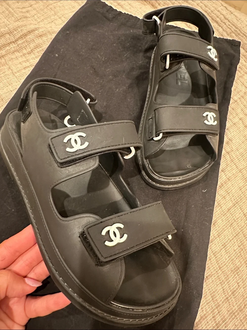 CHANEL Dad- Black Rubber Double-Strap Sandals